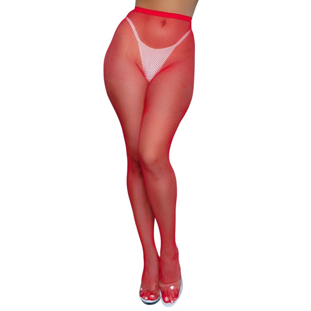 High Waisted Fishnet Pantyhose - Red